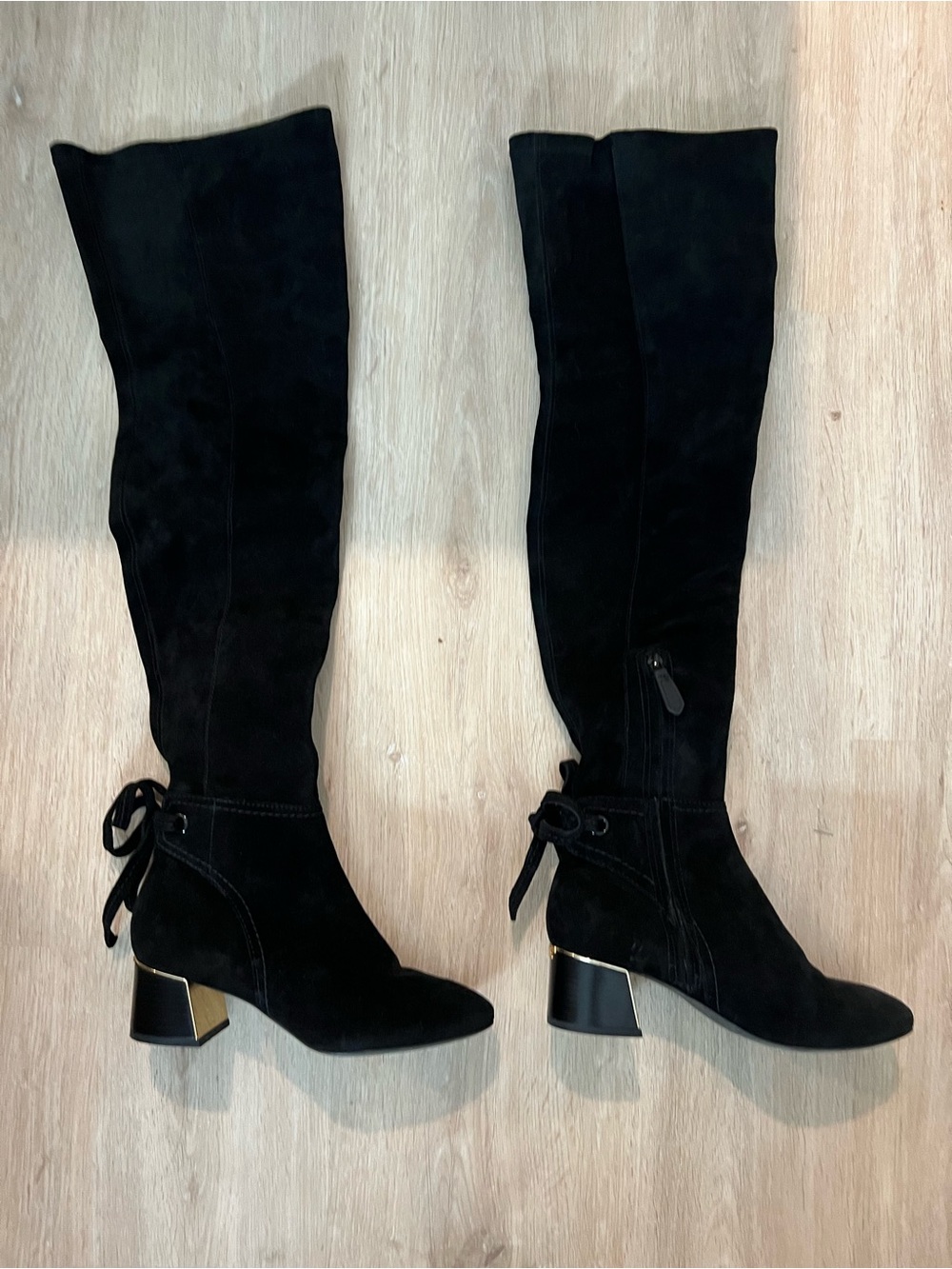 Tory Burch Black Suede Over-the-Knee Boots with Gold Heel Accent